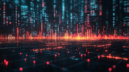Poster - A vibrant digital landscape showcasing abstract data visualization with glowing lines and patterns, suggesting advanced technology and connectivity.