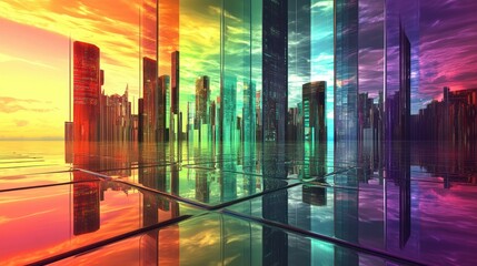 Poster - Vibrant futuristic cityscape with colorful skyscrapers reflecting in water at sunset