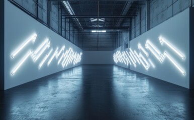 Poster - Abstract Neon Arrows in Modern Warehouse Space, Illuminated Walls Create an Artistic Vibe, Aesthetic Lighting Design in Contemporary Setting