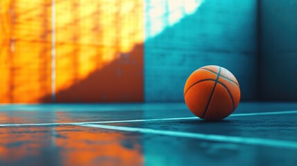 Wall Mural - Orange basketball on teal court near wall.