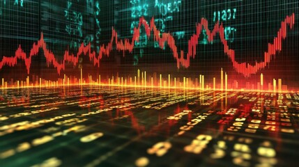 Poster - a vibrant digital graph displays fluctuating market trends with green and red lines, set against a b