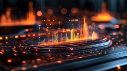 Poster - A vibrant digital landscape featuring glowing peaks and valleys, representing sound waves or data visualization in a futuristic setting.