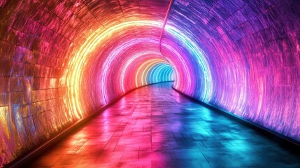 Poster - Vibrant illuminated tunnel showcasing colorful lights reflecting on the floor