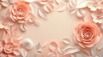 Aufkleber - Delicate paper art composition featuring soft pastel flowers and leaves in blush pink and peach shades for elegant decor Generative AI