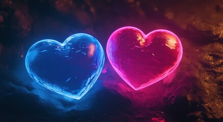 Poster - Blue and Pink Glowing Hearts Against a Dark Background, Symbolizing Love, Romance, Emotions, and Connection in a Vibrant, Artistic Style