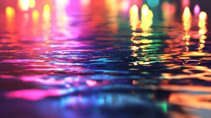 Poster - Vibrant reflections of colorful lights on a tranquil water surface at night, creating a serene ambiance