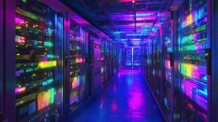 Poster - Vividly lit data center corridor showcasing colorful server racks and futuristic technology