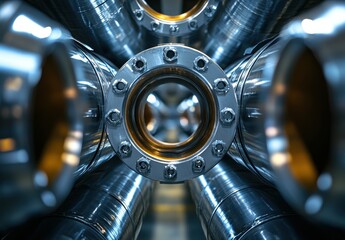 Poster - Close-Up of Industrial Stainless Steel Pipes and Flanges in a Manufacturing Facility, Showcasing Precision Engineering and Modern Technology