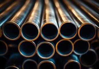 Poster - Close-up of Metallic Pipes Stacked Neatly Showing the Smooth Interior Surface and Shiny Outer Layer, Perfect for Industrial and Construction Themes