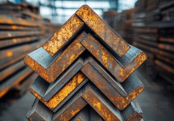 Poster - Close-Up of Rusty Metal Angles Stacked in Industrial Warehouse with Warm Lighting and Grungy Textures in a Manufacturing Environment