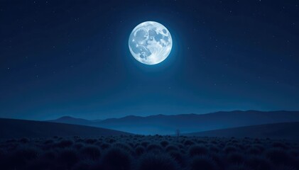 Wall Mural - dark landscape under a full moon with scattered night stars above, full moon, lunar