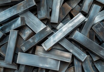Poster - Close-Up View of Industrial Steel Bars Stacked Together in a Chaotic Arrangement Showcasing Metallic Texture and Industrial Aesthetic