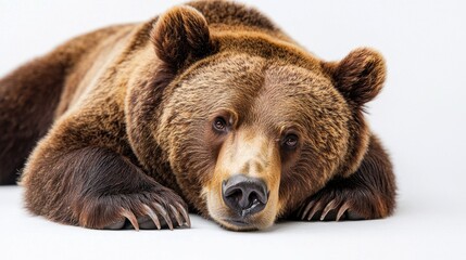 close-up of a grizzly bear resting calmly with soft, warm fur and gentle eyes on white background