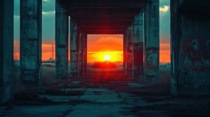Poster - A sunset viewed through abandoned industrial pillars, creating a dramatic urban landscape.
