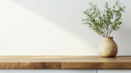 Poster - Kitchen wooden countertop on white wall background. Minimalistic room with tabletop and plant in vase for product presentation. Clean closeup mockup.