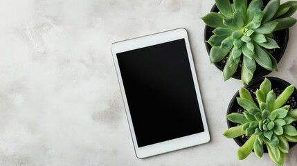 Poster - Tablet Mockup on a Texturized Light Gray Desk and Trendy Green Succulents Flowers