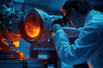 Poster - Researcher examines glowing material through advanced scientific equipment in a laboratory setting