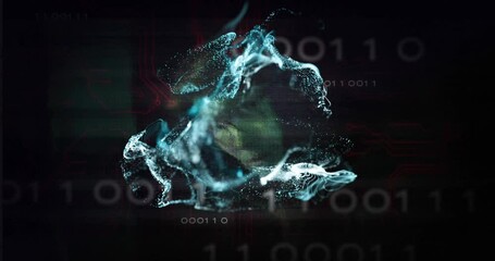 Poster - Animation of digital particles forming dynamic shape over binary code background