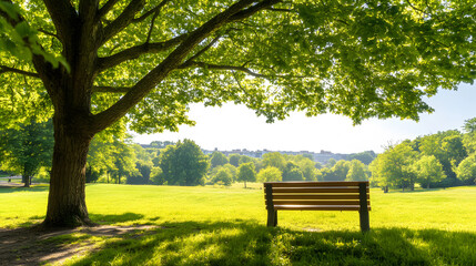 Poster - A peaceful park scene featuring a wooden bench under a large tree, surrounded by lush greenery and sunlight filtering through the leaves