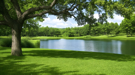 Poster - A serene landscape featuring a tranquil pond surrounded by lush green grass and trees under a clear blue sky