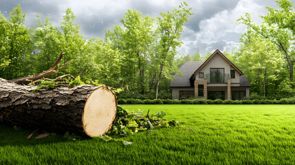 Poster - A peaceful scene featuring a freshly cut log in a vibrant green lawn, surrounded by trees and a modern house under a cloudy sky