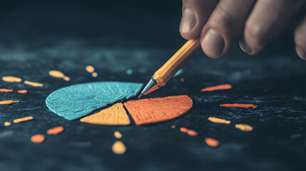 Poster - A hand draws a colorful pie chart with a pencil on a dark surface, illustrating data visualization and creative expression