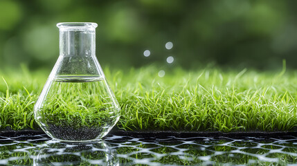 Aufkleber - A glass flask filled with water sits on a reflective surface, surrounded by lush green grass, symbolizing nature and science