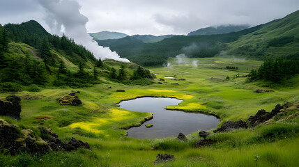 Poster - A lush green landscape featuring a tranquil pond, surrounded by rolling hills and steam rising from geothermal activity in a serene, misty atmosphere