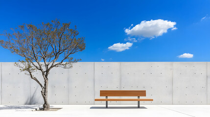 Poster - A minimalist scene featuring a solitary bench beside a tree against a backdrop of a clear blue sky and a concrete wall