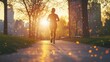 © Justlight - An energetic jogger strides along a paved trail their smarch illuminated tracking heart rate and distance while the tranquil urban park setting contrasts with the hustle of the city