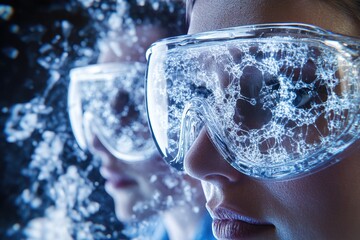 Poster - unique close-up of individuals in protective goggles with dramatic water droplets effect