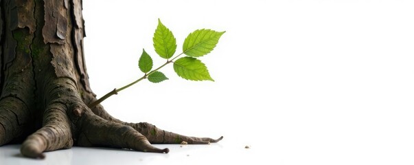 Wall Mural - Delicate branch stretching out of a tree trunk on a white surface, simplicity, elegance, isolation