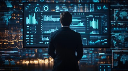 Poster - a person in a suit analyzes data on a large screen filled with graphs and charts, emphasizing techno