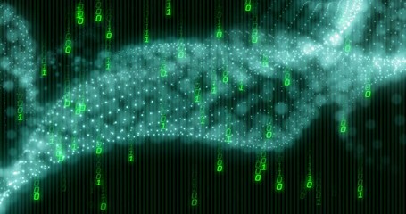 Poster - Forming abstract hand shape, digital binary code with glowing particles animation