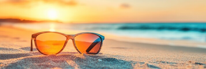 Aufkleber - Colorful sunglasses resting on sandy beach during sunset with ocean waves in background Generative AI