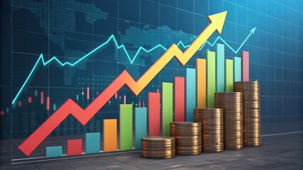 Poster - A graph with rising trends, bars in various colors, and stacks of coins symbolizes financial growth and investment success.