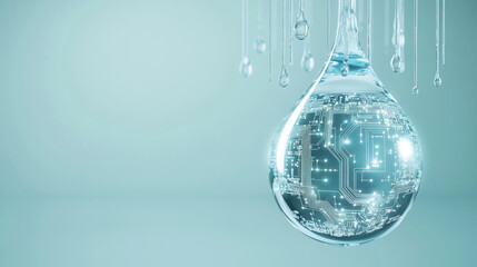 3D rendering of a water drop with a circuit board inside, on a light blue background.