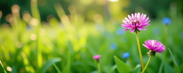 Wall Mural - Pink and blue dandelion flowers growing in a field of tall grass, field, grow