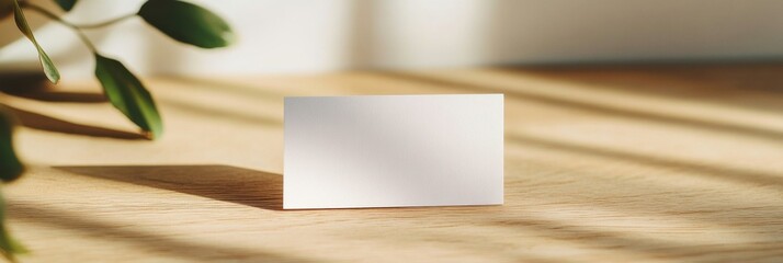 Poster - Blank business card mockup on wooden table with natural light and soft shadows