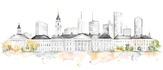 Poster - A striking black and white watercolor artwork showcasing the iconic skyline of Lublin Poland