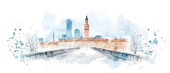 Poster - A dynamic and modern urban watercolor artwork highlighting the Lublin skyline in black and white