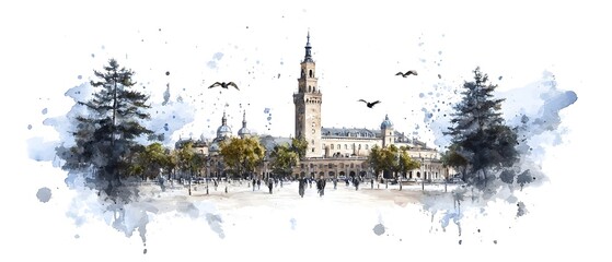 Poster - Dynamic and modern watercolor artwork highlighting the iconic skyline of Lublin