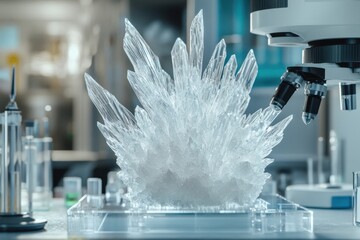 Poster - Crystal formation examined under microscope in a scientific laboratory at dawn