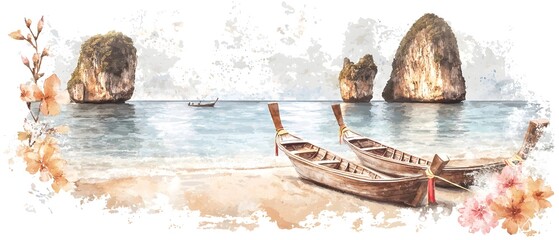 Poster - Stunning Watercolor Artwork of Phuket s Iconic Limestone Cliffs and Turquoise Waters Showcasing the Island s Natural Beauty and Charm in Soft Vibrant Hues