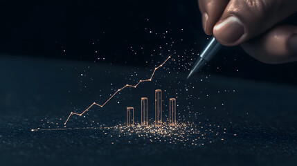 Poster - A hand holding a pen sketches a rising graph, symbolizing growth and progress in a creative, innovative manner