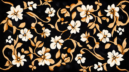 Poster - A dark fabric adorned with intricate floral patterns in white and gold, showcasing elegant design and craftsmanship