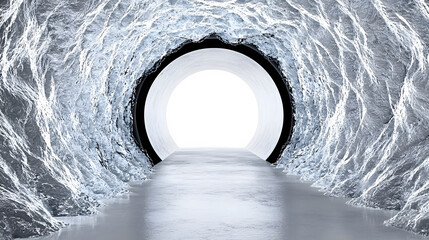 Poster - A dimly lit tunnel leads to a bright circular opening, creating a contrast between darkness and light, symbolizing a journey or transition