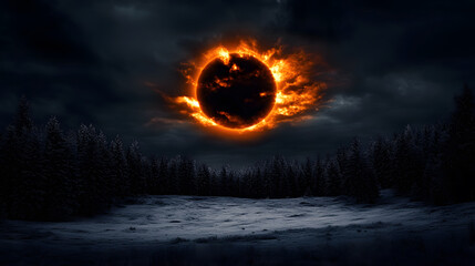 Poster - A dramatic scene of a solar eclipse with a fiery halo, set against a dark sky and a forested landscape