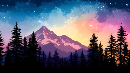 Aufkleber - A vibrant mountain landscape at dusk, framed by silhouetted trees against a colorful starry sky