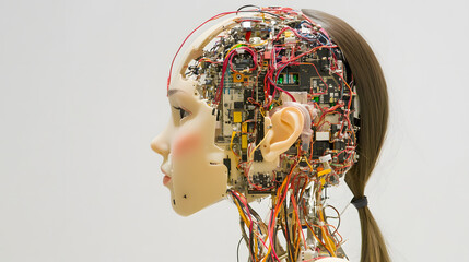 Poster - A futuristic robotic head with intricate wiring and circuits, blending human-like features with advanced technology